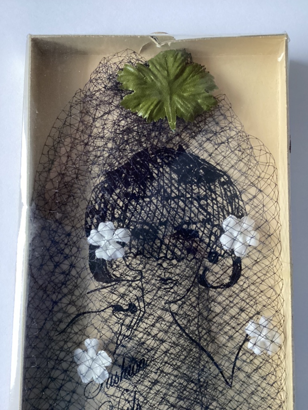 VTG Famous Glamour Veil Hat One Size Black Birdcage Mesf Flowers Leaf W/Tag